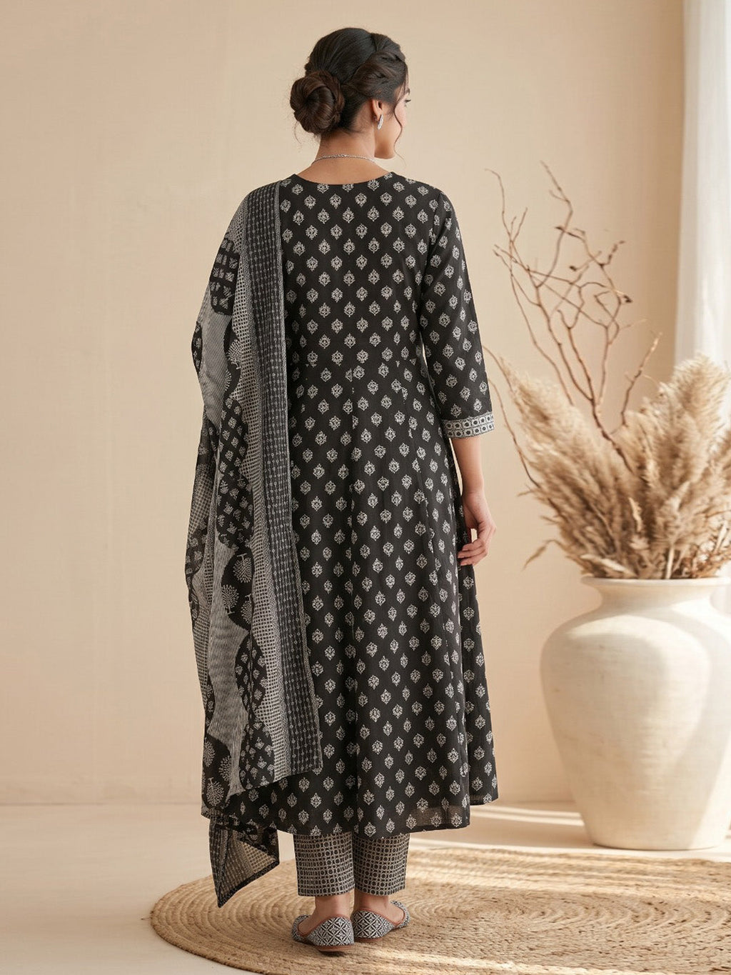 Black Printed Cotton Blend Kurta With Pant & Dupatta