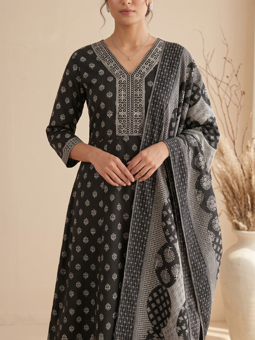 Black Printed Cotton Blend Kurta With Pant & Dupatta