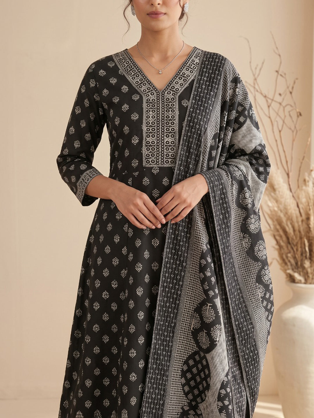 Black Printed Cotton Blend Kurta With Pant & Dupatta
