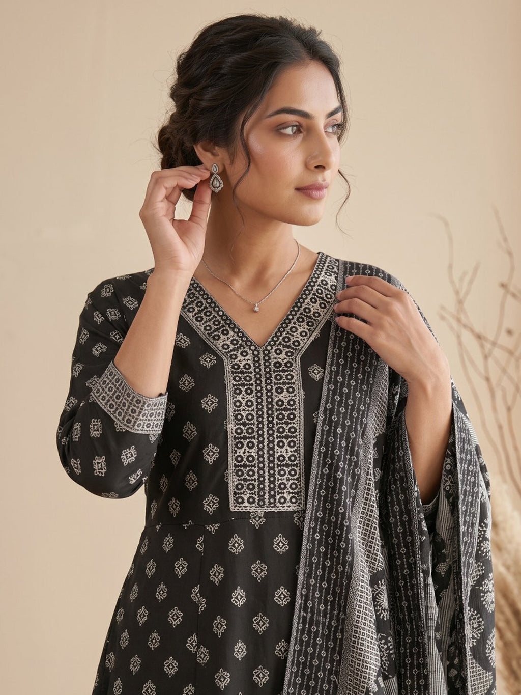 Black Printed Cotton Blend Kurta With Pant & Dupatta