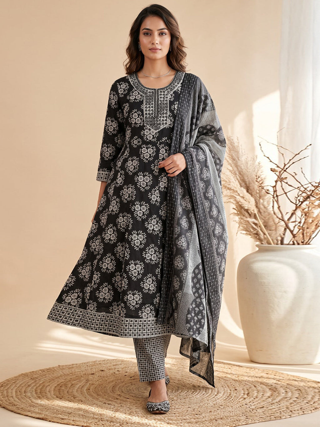 Black Printed Cotton Blend Kurta With Pant & Dupatta