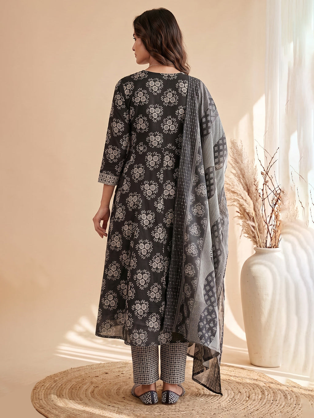 Black Printed Cotton Blend Kurta With Pant & Dupatta