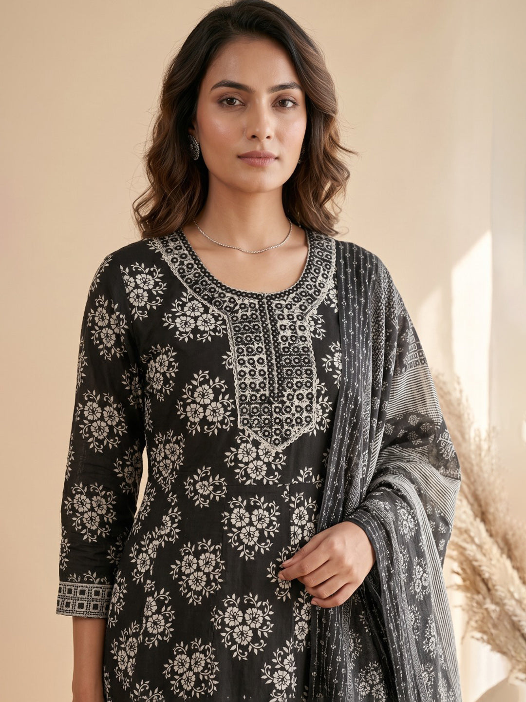 Black Printed Cotton Blend Kurta With Pant & Dupatta
