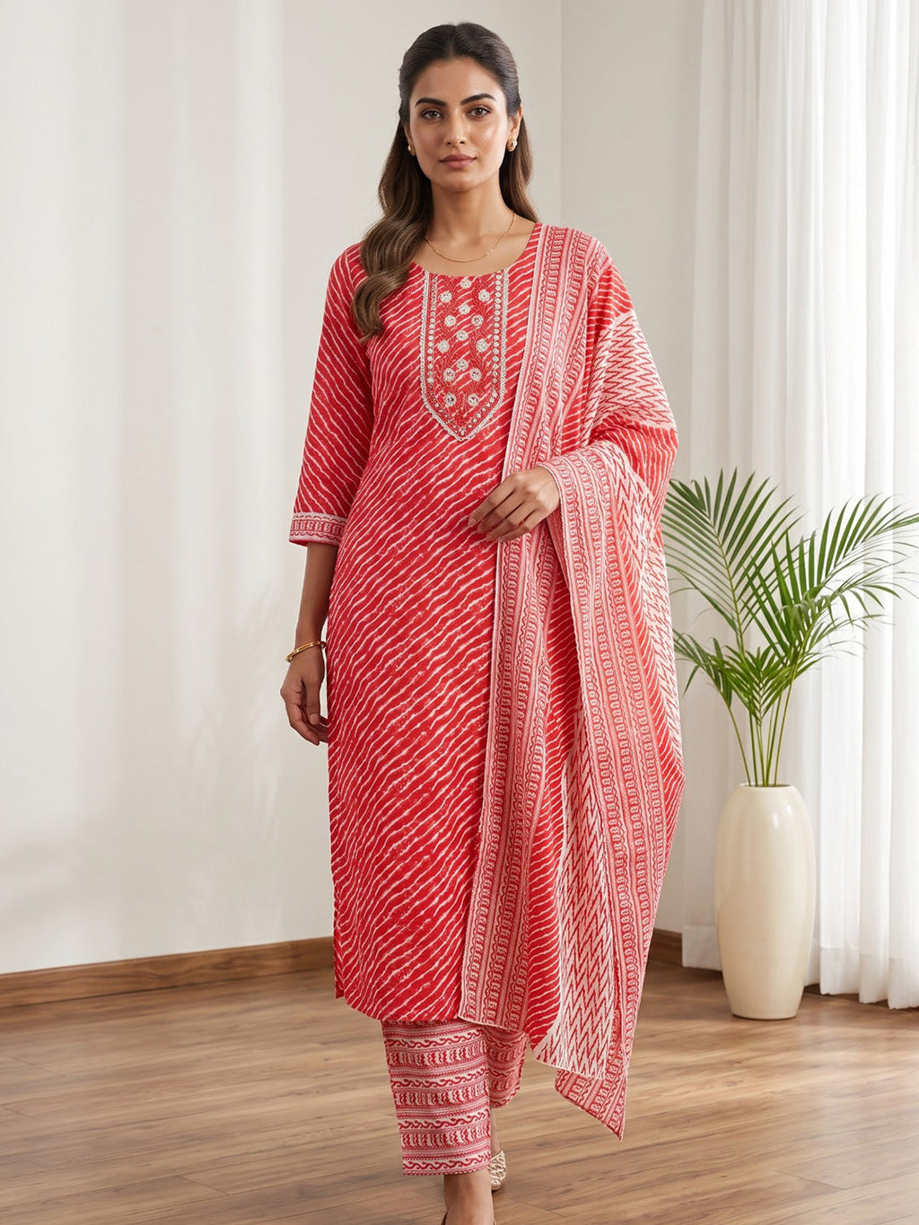 Red Printed Cotton Blend Kurta With Pant & Dupatta