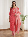 Red Printed Cotton Blend Kurta With Pant & Dupatta