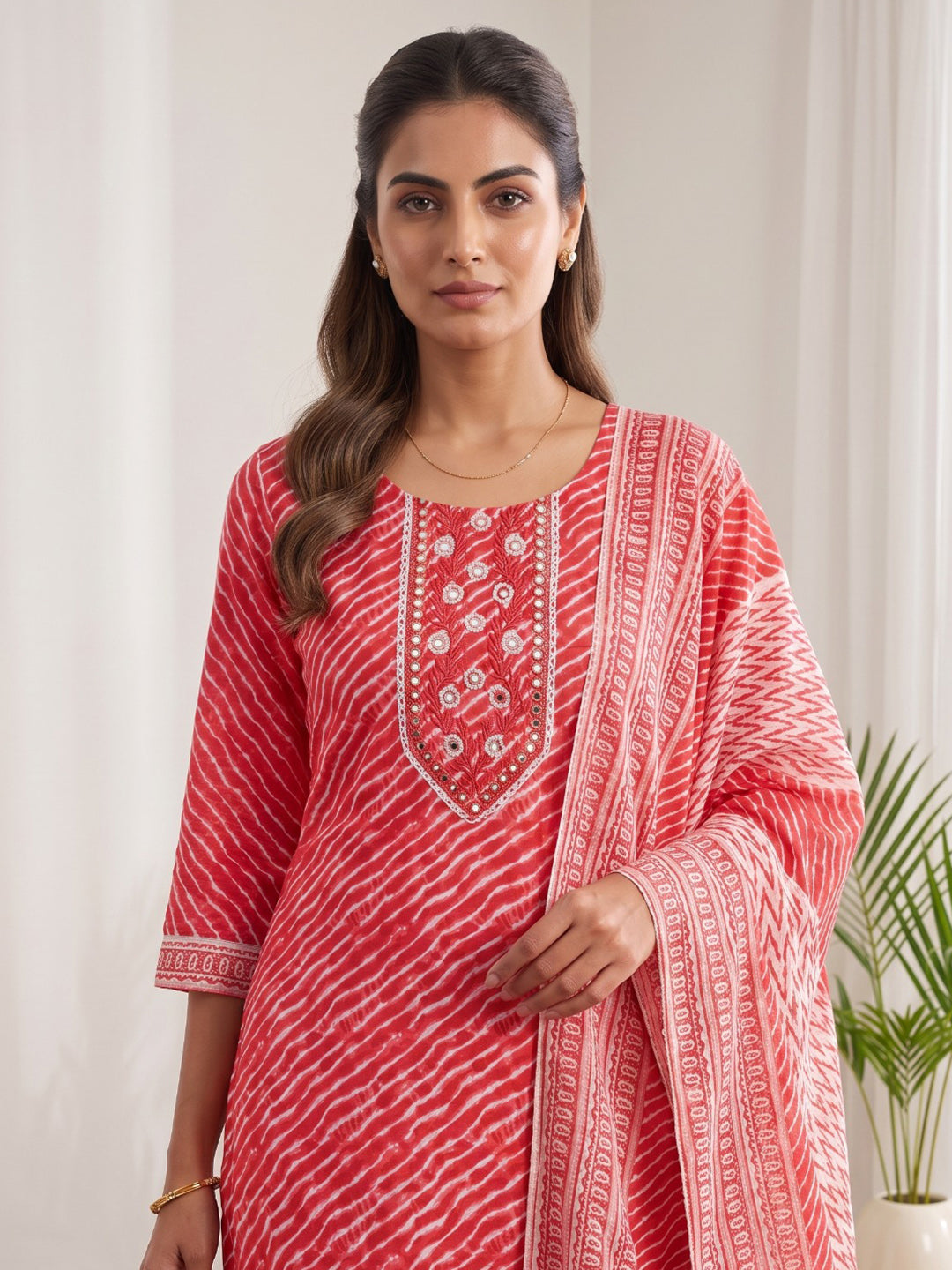 Red Printed Cotton Blend Kurta With Pant & Dupatta