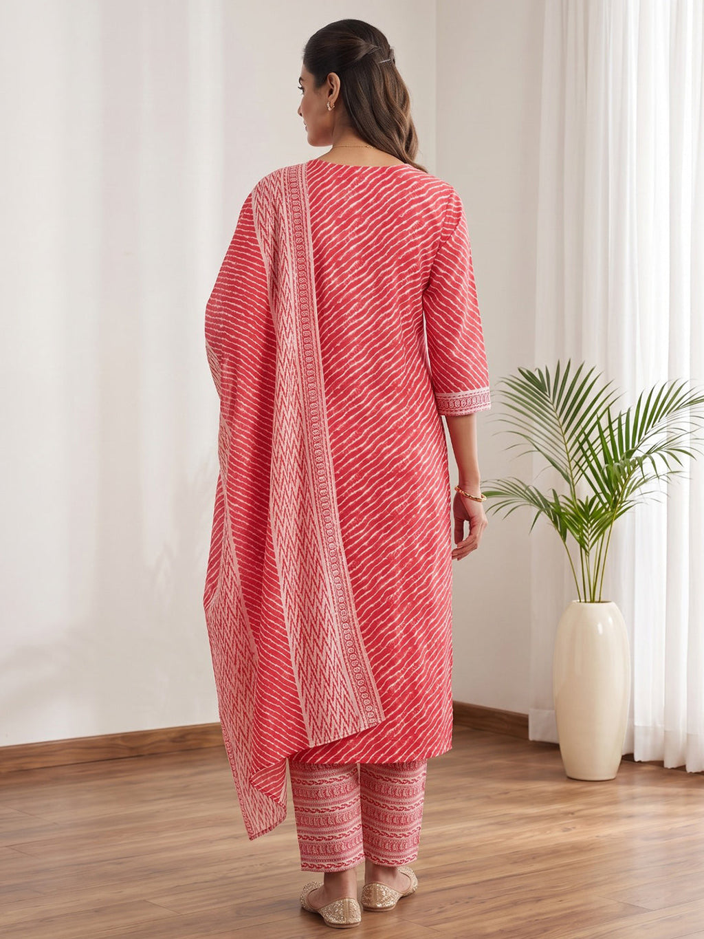 Red Printed Cotton Blend Kurta With Pant & Dupatta
