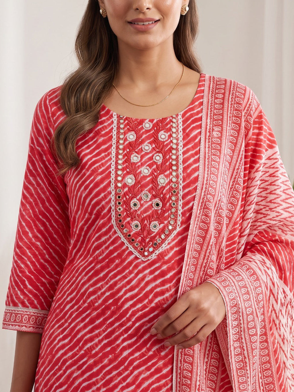 Red Printed Cotton Blend Kurta With Pant & Dupatta