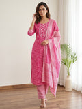 Pink Printed Cotton Blend Kurta With Pant & Dupatta