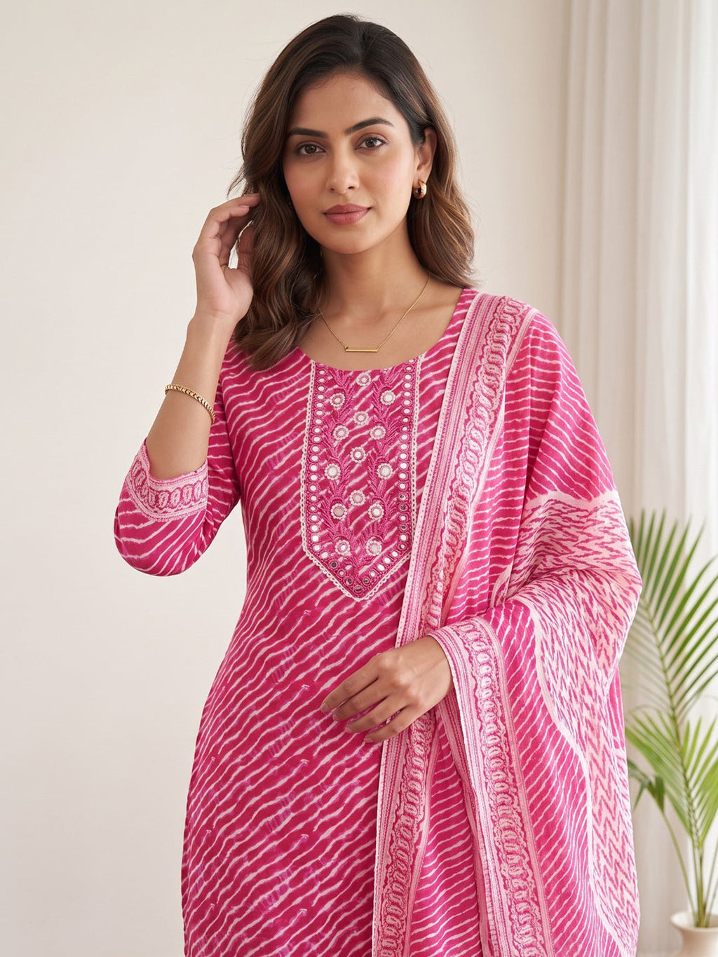 Pink Printed Cotton Blend Kurta With Pant & Dupatta
