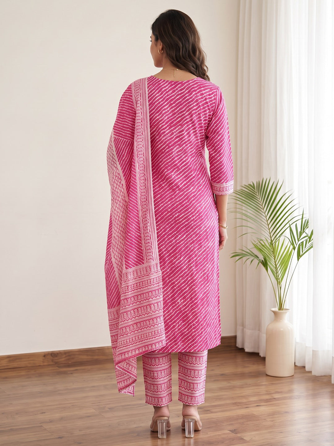 Pink Printed Cotton Blend Kurta With Pant & Dupatta