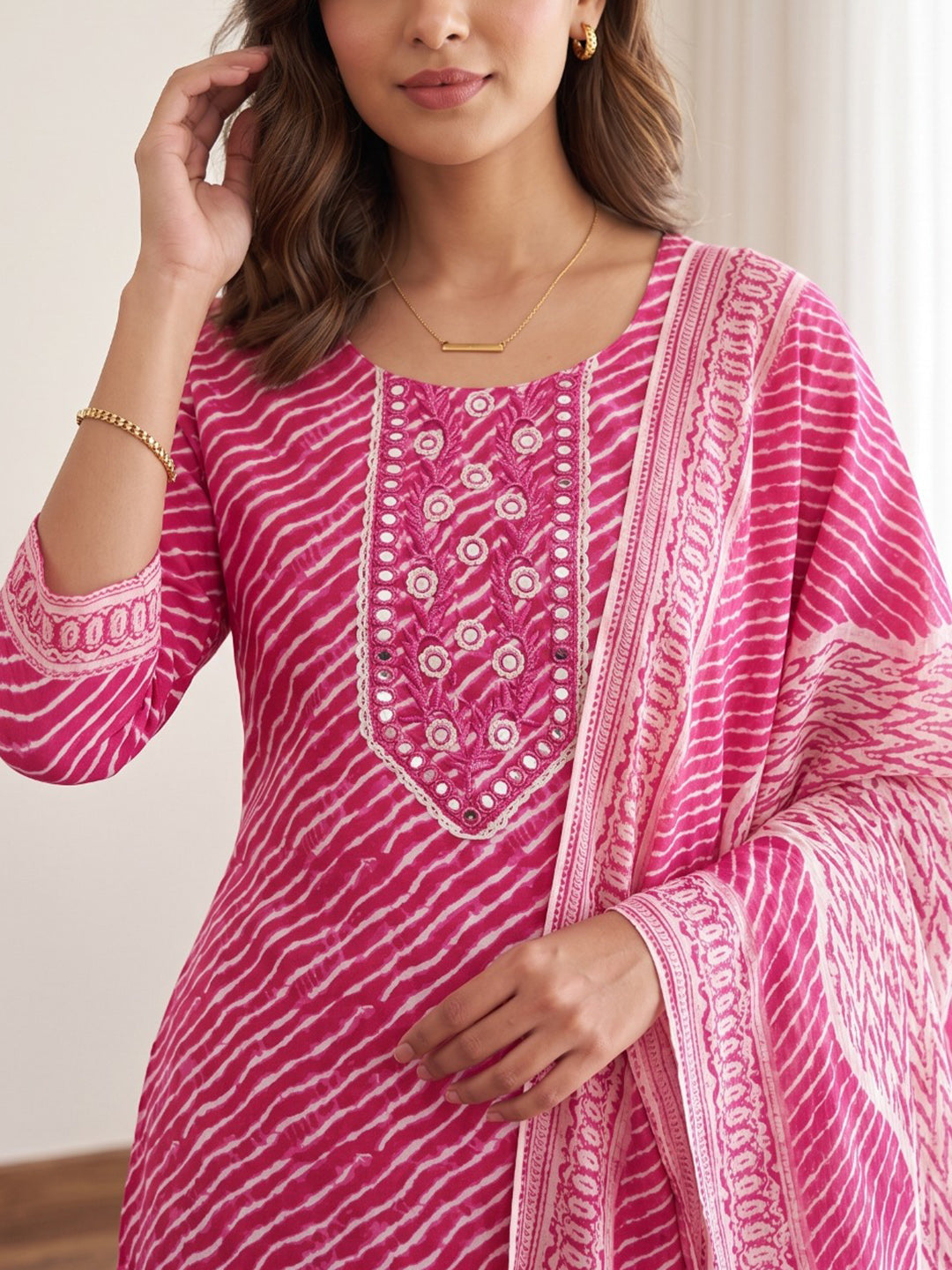 Pink Printed Cotton Blend Kurta With Pant & Dupatta