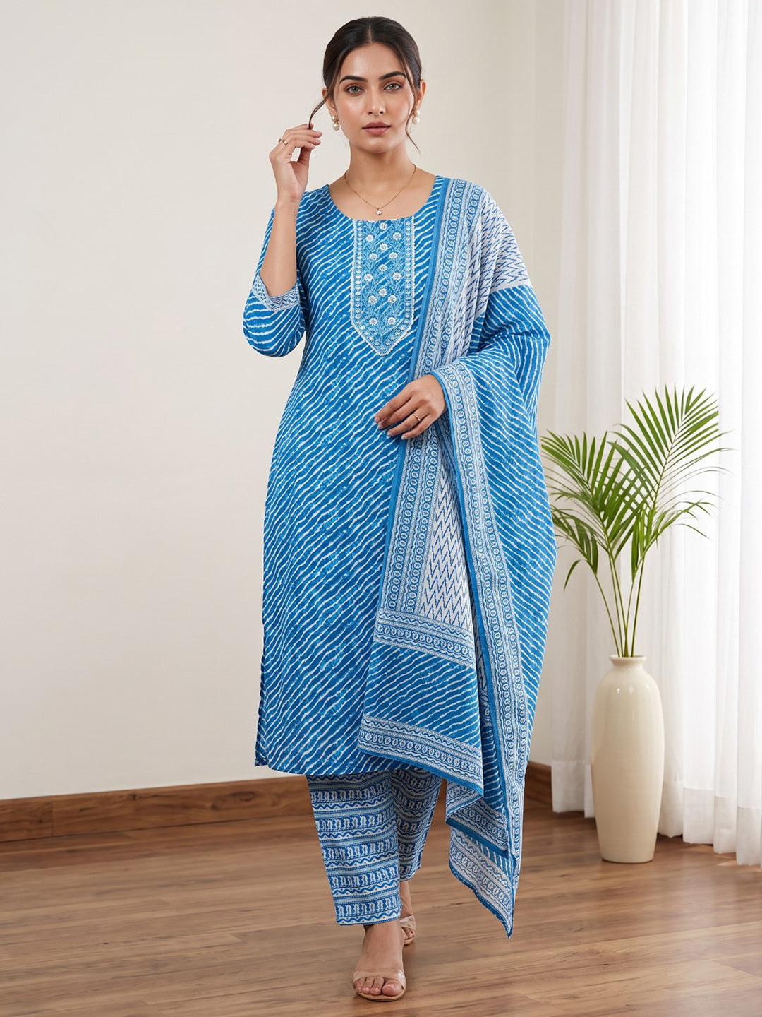 Blue Printed Cotton Blend Kurta With Pant & Dupatta