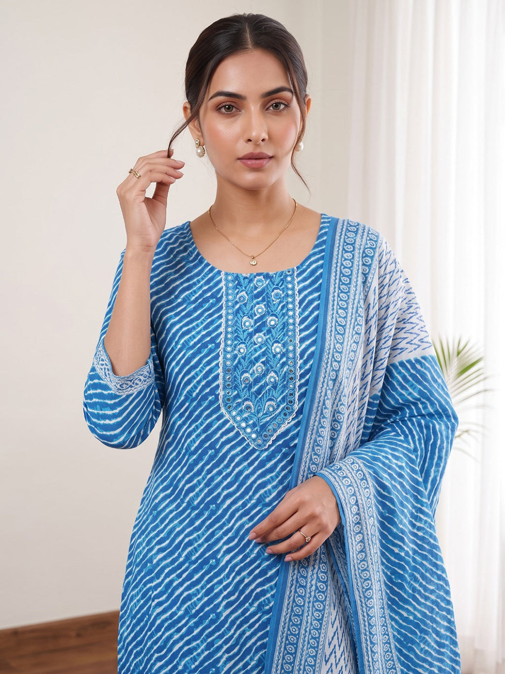 Blue Printed Cotton Blend Kurta With Pant & Dupatta