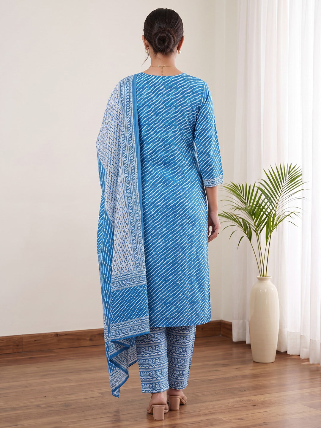 Blue Printed Cotton Blend Kurta With Pant & Dupatta