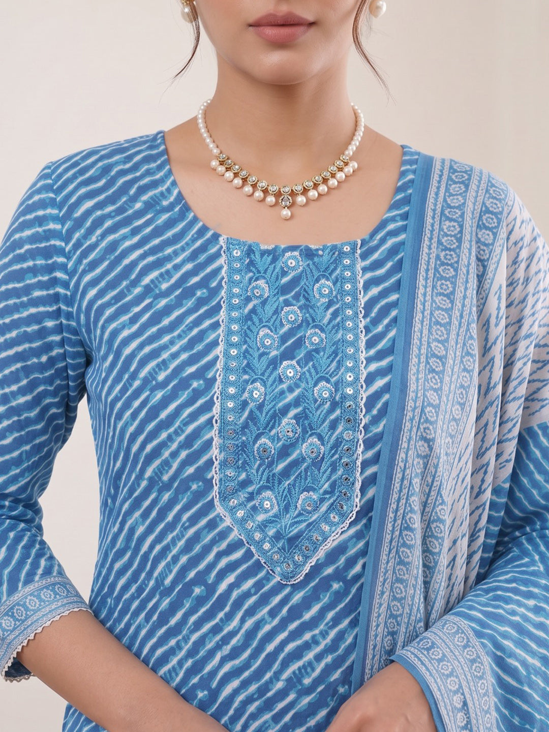 Blue Printed Cotton Blend Kurta With Pant & Dupatta