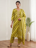 Mustard Printed Cotton Blend Kurta With Pant & Dupatta