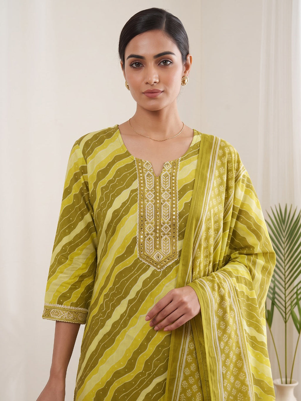 Mustard Printed Cotton Blend Kurta With Pant & Dupatta
