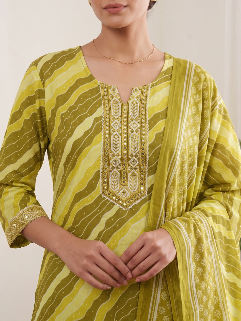 Mustard Printed Cotton Blend Kurta With Pant & Dupatta