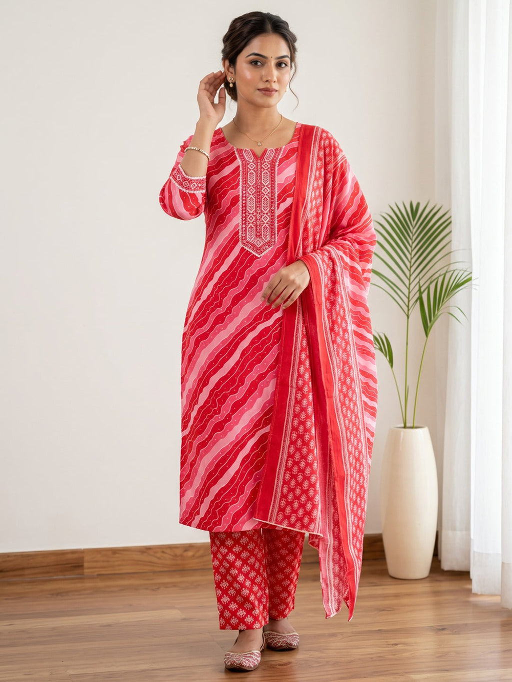 Red Printed Cotton Blend Kurta With Pant & Dupatta