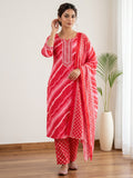 Red Printed Cotton Blend Kurta With Pant & Dupatta