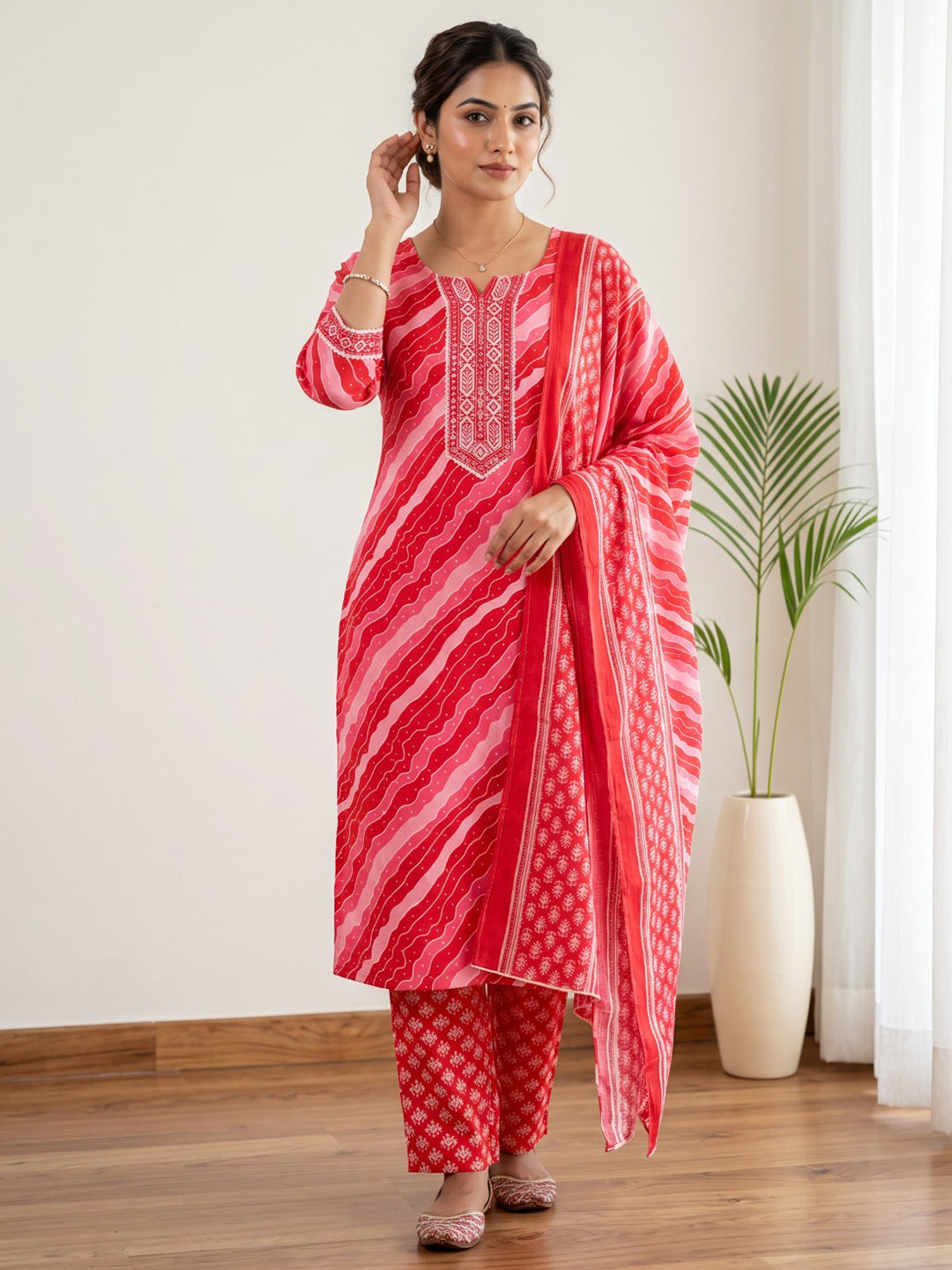 Red Printed Cotton Blend Kurta With Pant & Dupatta