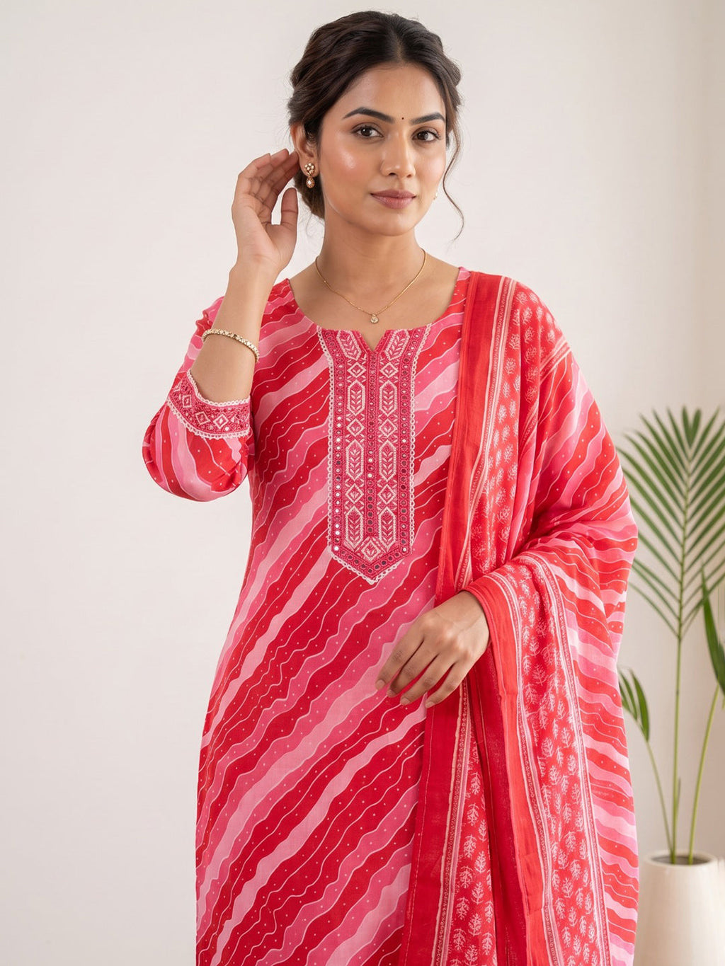 Red Printed Cotton Blend Kurta With Pant & Dupatta