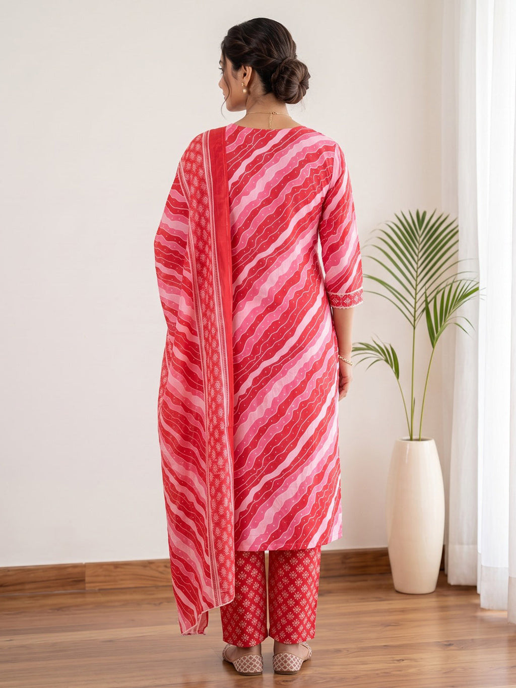 Red Printed Cotton Blend Kurta With Pant & Dupatta