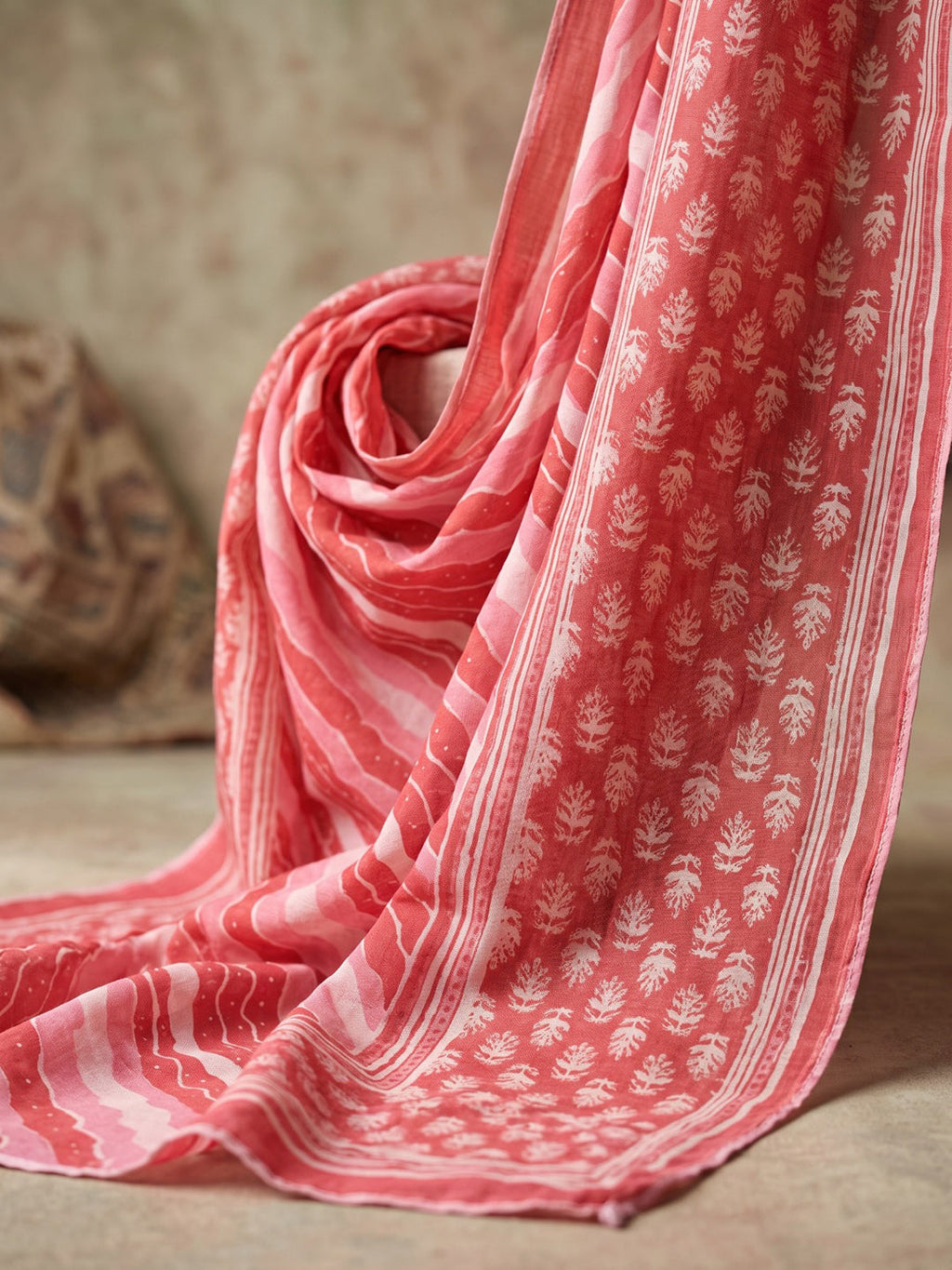 Red Printed Cotton Blend Kurta With Pant & Dupatta