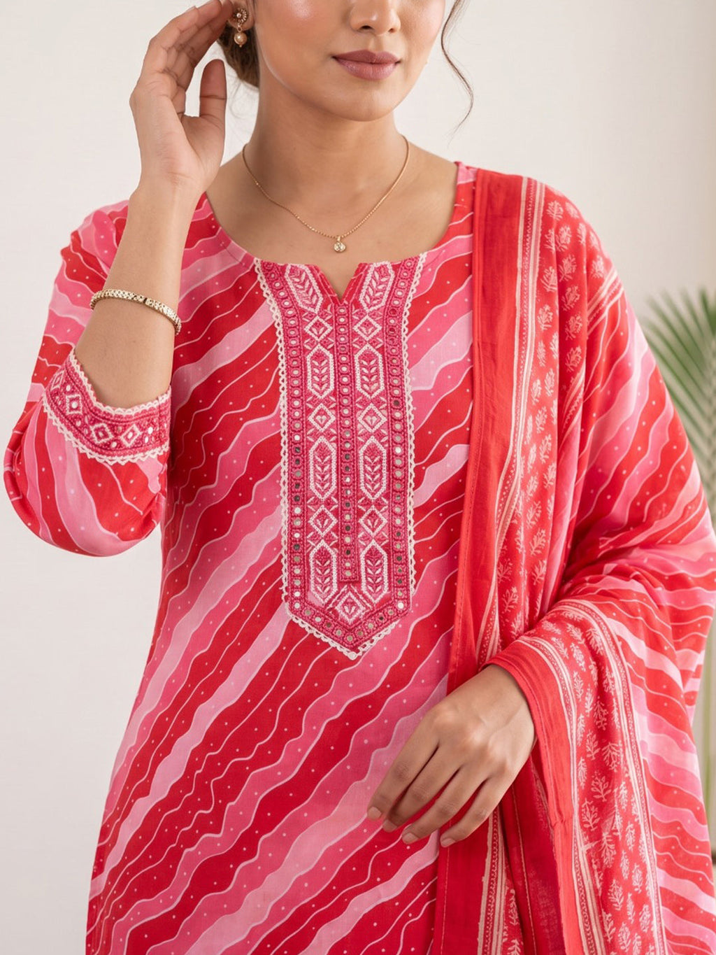 Red Printed Cotton Blend Kurta With Pant & Dupatta
