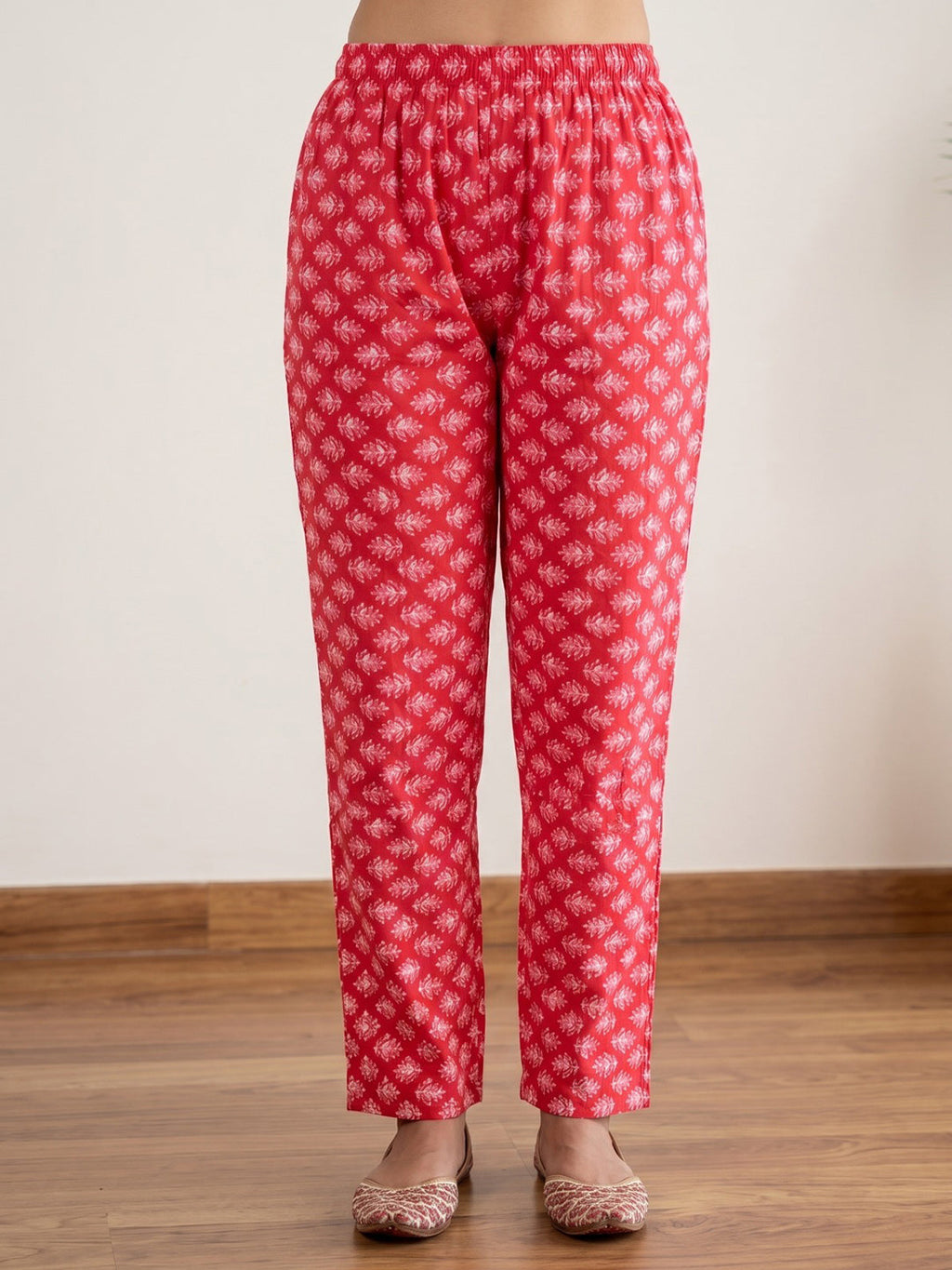 Red Printed Cotton Blend Kurta With Pant & Dupatta