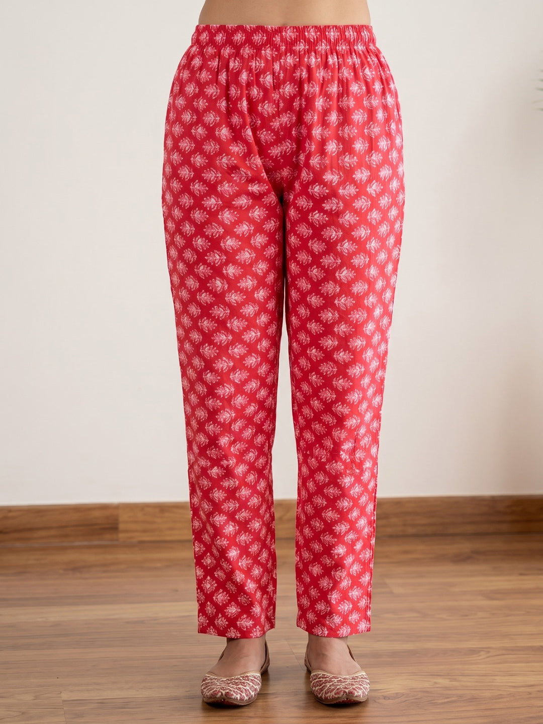 Red Printed Cotton Blend Kurta With Pant & Dupatta