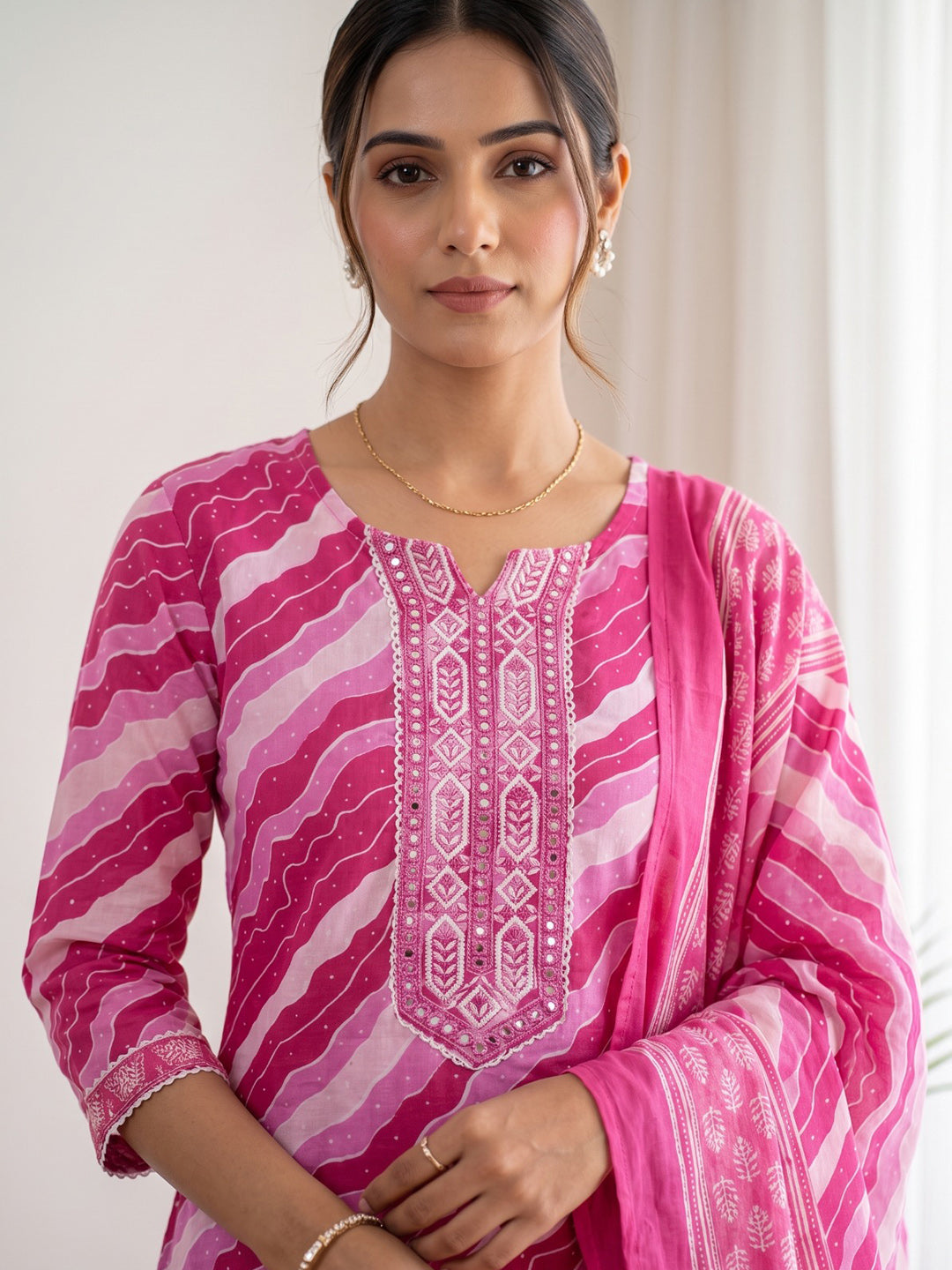 Pink Printed Cotton Blend Kurta With Pant & Dupatta