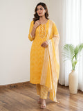 Yellow Printed Cotton Blend Kurta With Pant & Dupatta