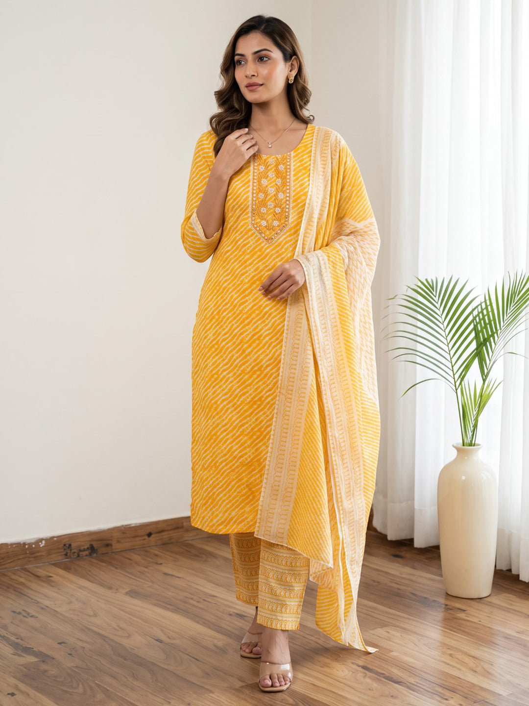 Yellow Printed Cotton Blend Kurta With Pant & Dupatta