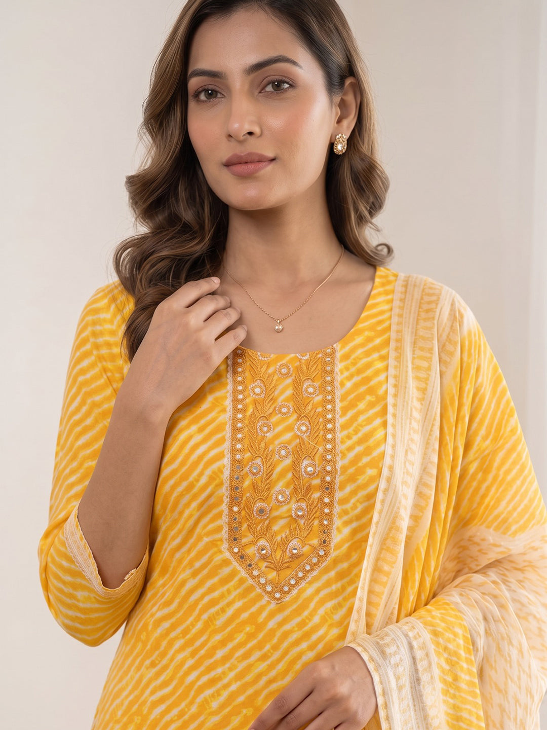 Yellow Printed Cotton Blend Kurta With Pant & Dupatta