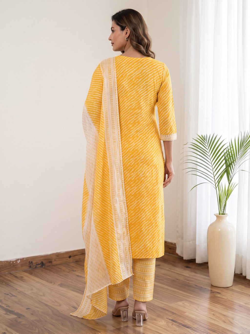 Yellow Printed Cotton Blend Kurta With Pant & Dupatta