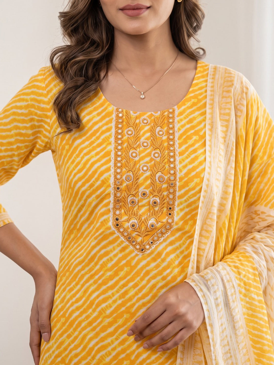 Yellow Printed Cotton Blend Kurta With Pant & Dupatta