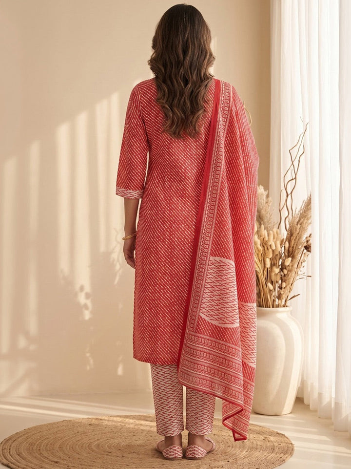 Red Printed Cotton Blend Kurta With Pant &amp; Dupatta