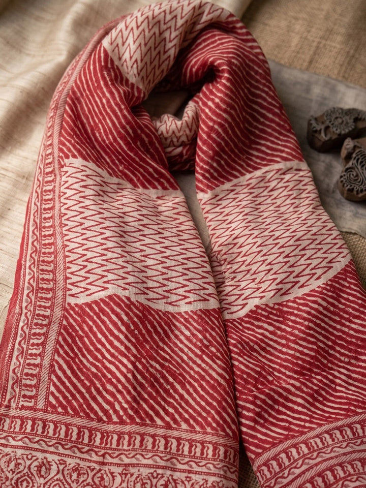 Red Printed Cotton Blend Kurta With Pant &amp; Dupatta