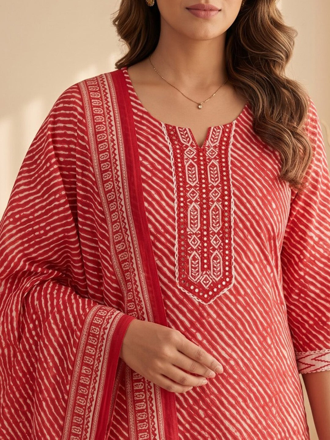 Red Printed Cotton Blend Kurta With Pant &amp; Dupatta