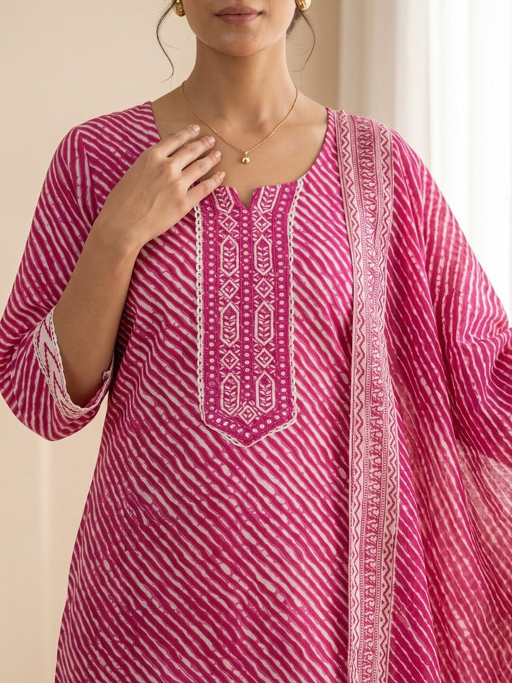 Pink Printed Cotton Blend Kurta With Pant &amp; Dupatta