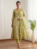 Green Printed Cotton Blend Kurta With Pant & Dupatta