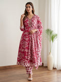 Red Printed Cotton Blend Kurta With Pant & Dupatta