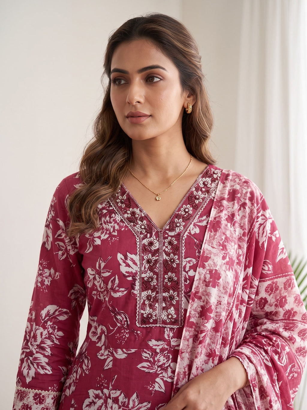 Red Printed Cotton Blend Kurta With Pant & Dupatta