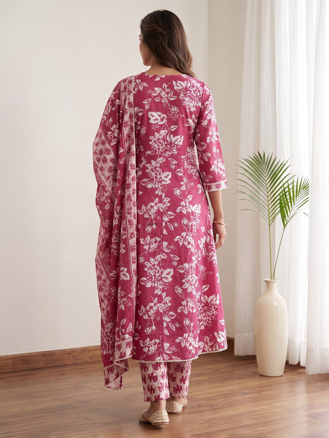 Red Printed Cotton Blend Kurta With Pant & Dupatta