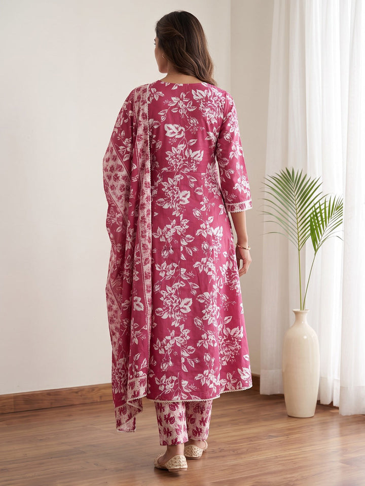 Red Printed Cotton Blend Kurta With Pant &amp; Dupatta