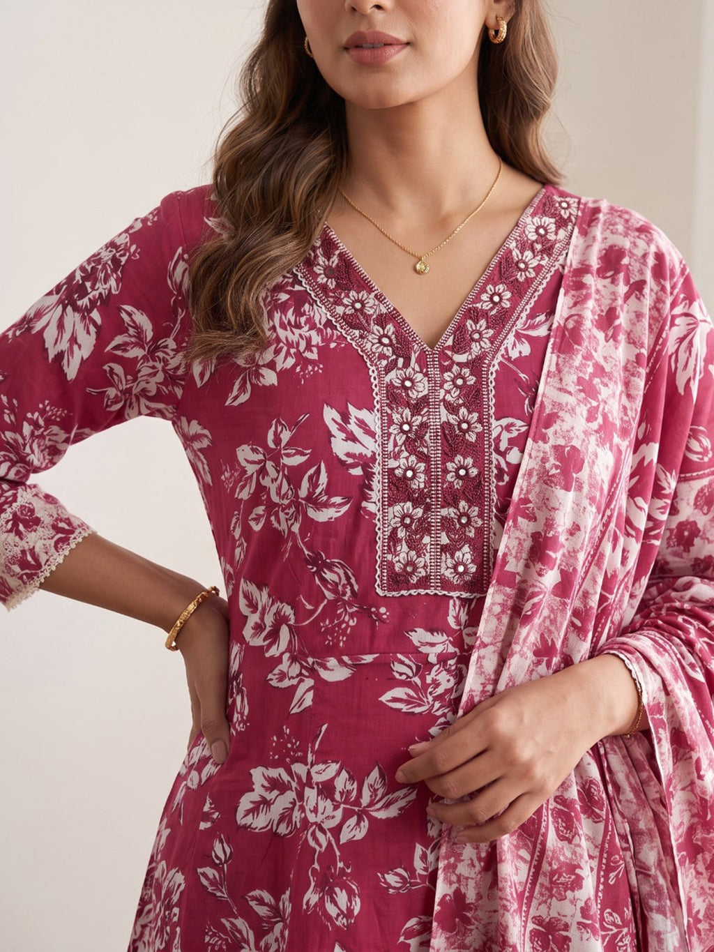 Red Printed Cotton Blend Kurta With Pant & Dupatta