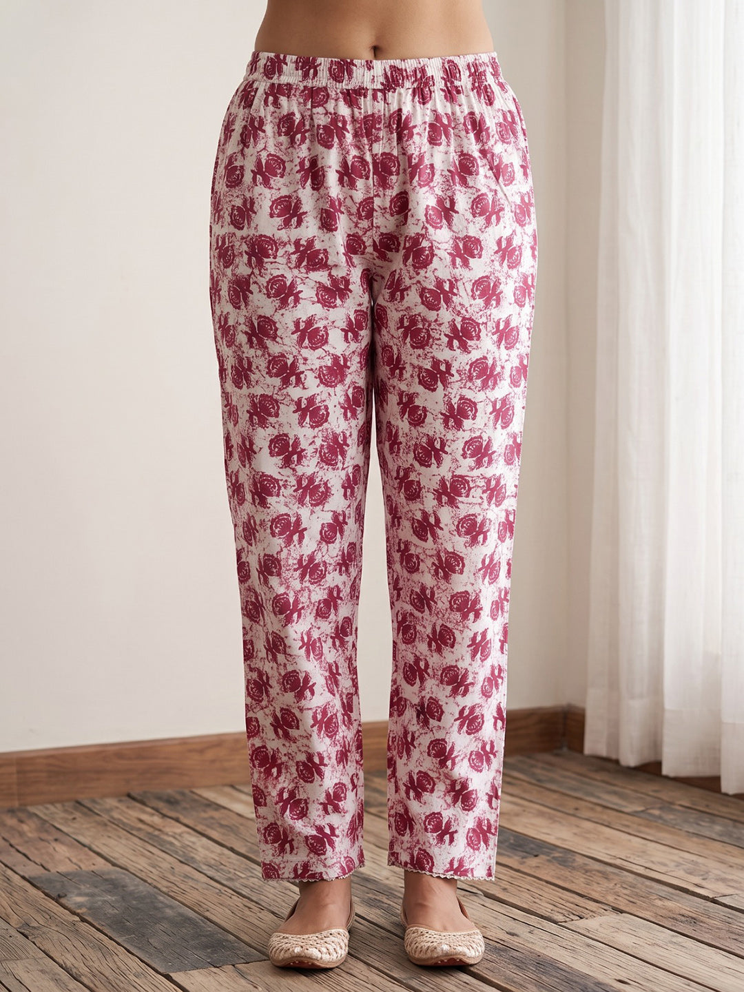 Red Printed Cotton Blend Kurta With Pant & Dupatta