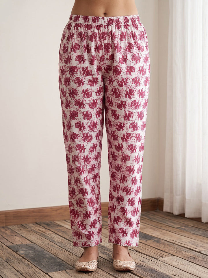 Red Printed Cotton Blend Kurta With Pant &amp; Dupatta